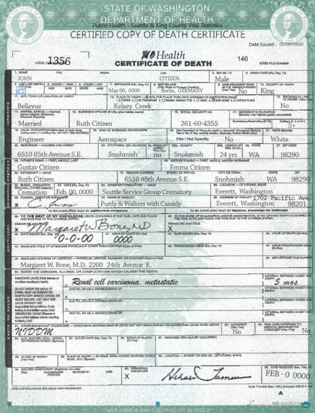 Download USA Washington state death certificate template in PSD format, fully editable, version 2 Photoshop template